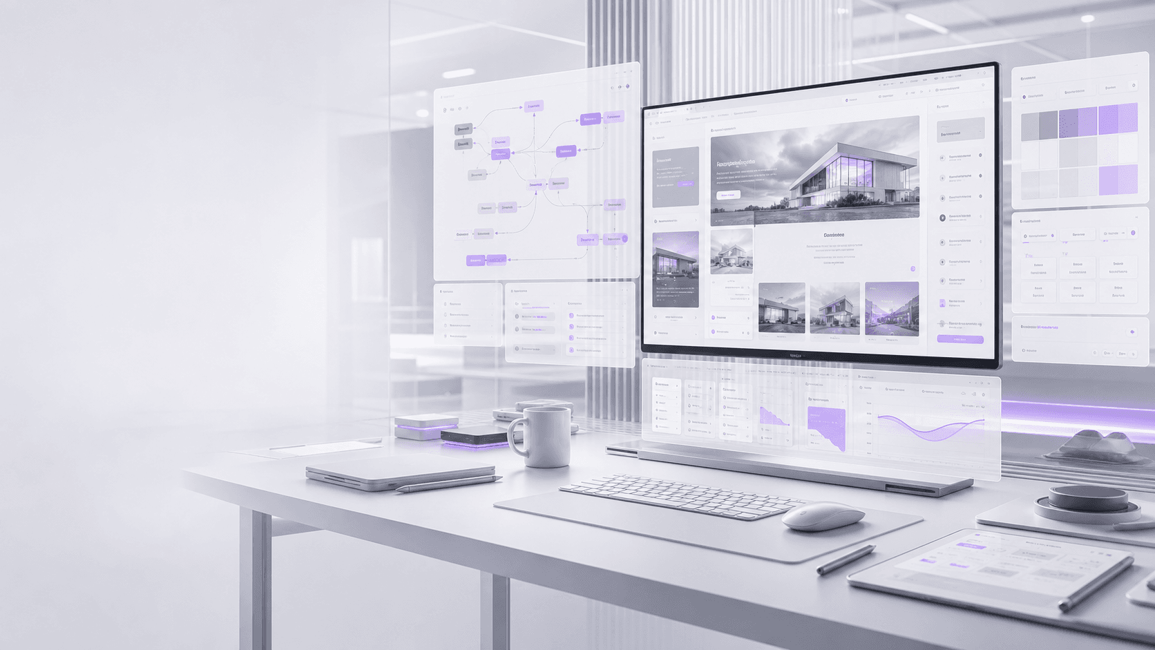 Jasne studio projektowe z panelami AI, stronami internetowymi i fioletowym systemem brandingu