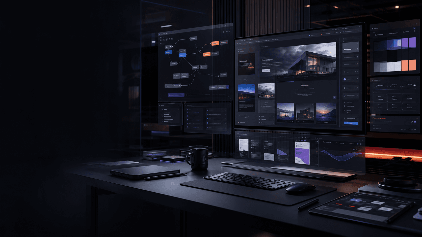 Ciemne studio projektowe z panelami AI, stronami internetowymi i systemem brandingu